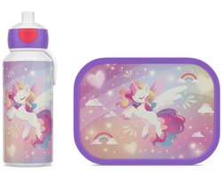 foto van Mepal lunchset (pop-up fles & lunchbox) Campus - 400 + 750 ml - Broodtrommel en Drinkbeker voor kinderen - Bento box - Pop-up drinkfles - Unicorn Glow