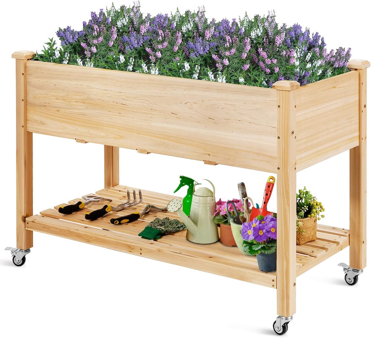 COSTWAY Verhoogd bloembed met plank en wieltjes, verhoogd tuinbed van hout, plantenbak met vergrendelbare wielen en afdekfolie, grote groentebak, kruidenbak, voor balkon, tuin, terras