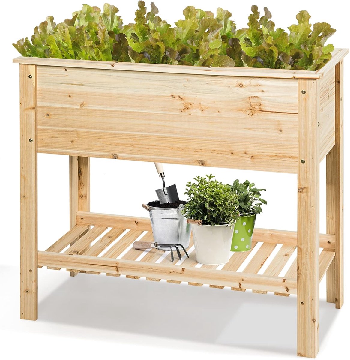 COSTWAY Verhoogd bloembed met plank, plantenbak, houten plantenbak, bloembed, kruidenbak, plantenbak, groot, kweekbed voor tuin, balkon, 92 x 41 x 81 cm