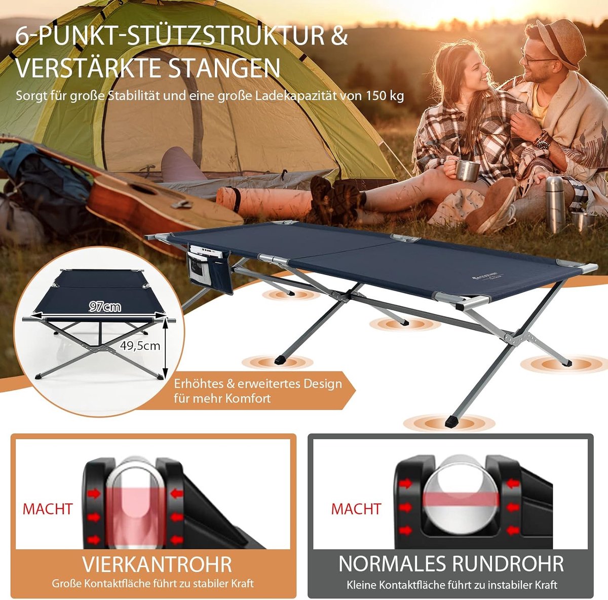 NomadNomics Veldbed, inklapbaar, XXL, karperligstoel met zijzak, verstelbare hoek, campingbed, licht, opvouwbaar, met matras, 1 persoon, voor outdoor, kantoor, tuin, 1 stuk