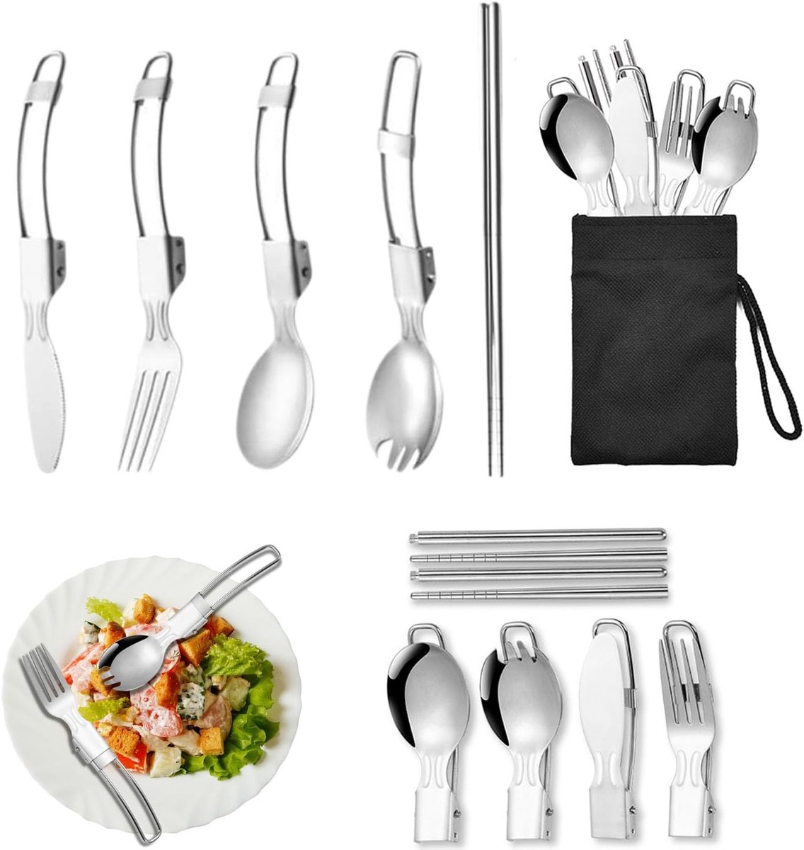 Opvouwbare kampeerbestekset, 5-delig opvouwbaar servies van roestvrij staal, multifunctioneel kampeerbestek, reisbestekset, inclusief zwarte nylon tas, voor kantoor, school, picknick, reizen