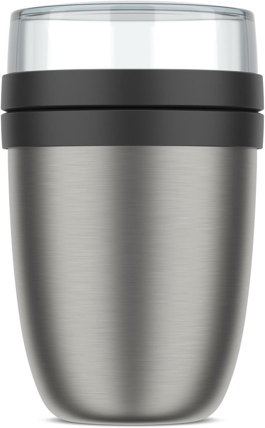 Lunchpot isotherme argenté avec bande noire et couvercle transparent.