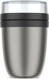 Lunchpot isotherme argenté avec bande noire et couvercle transparent.