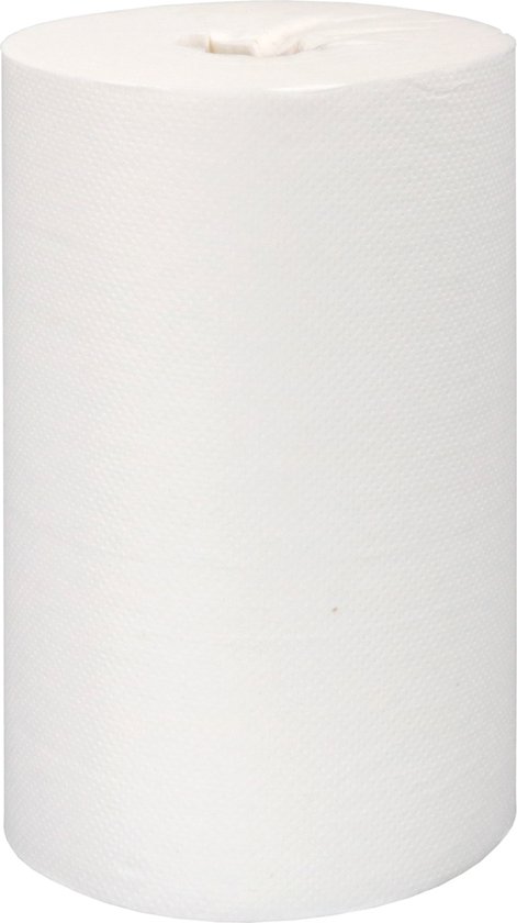 Een witte, 1-laags cellulose handdoekrol met een geperforeerd patroon, zonder huls.