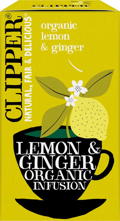 Doosje Clipper Biologische Citroen & Gember thee, met illustratie van citroen en bloemen in een kop.
