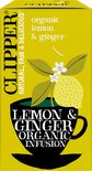Doosje Clipper Biologische Citroen & Gember thee, met illustratie van citroen en bloemen in een kop.