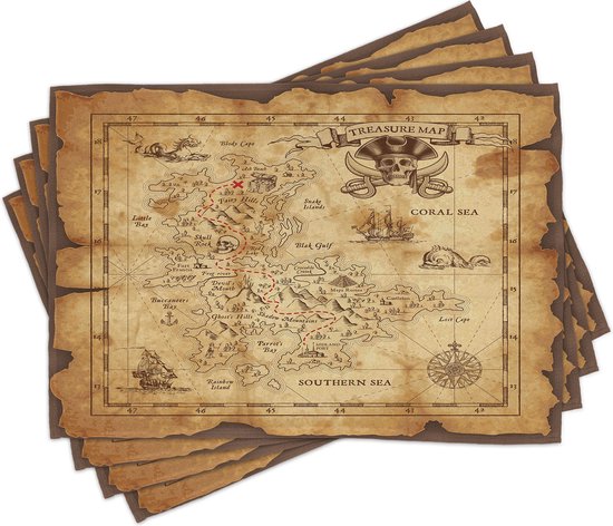 Set de 4 sets de table pour table à manger New Bed Island Old Paper Treasure Map, tissu lavable avec dos antidérapant