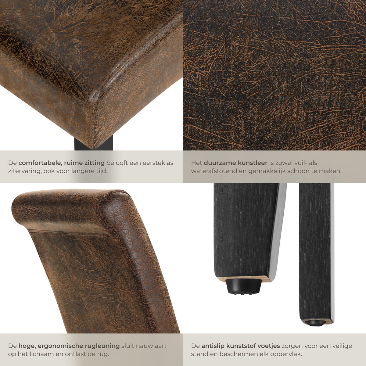 tectake® Eetkamerstoel - Comfortabele kunstleren stoel met hoge rugleuning - Keukenstoel voor keukentafel - Gestoffeerde keukenstoel - Diverse kleuren en sets - Maximale belasting 120 kg - Afmeting (LxBxH) 44 x 63 x 106 cm - Set van 4 - Antiek bruin – foto 7