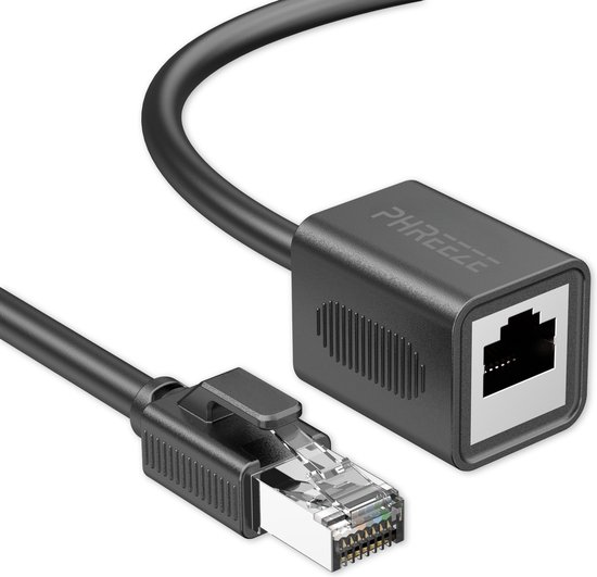 Rallonge de câble Ethernet noire avec le texte 'PHREZE' dessus, connecteur RJ45 mâle et femelle.