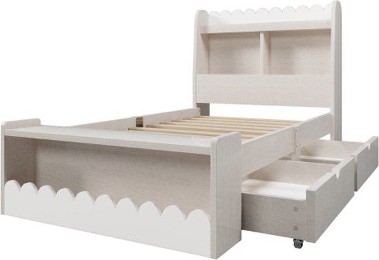 Lit enfant Gotagee 90x200cm lit simple (sans matelas) lit coffre avec tiroirs étagère et banc avec rangement lit en bois avec sommier à lattes blanc