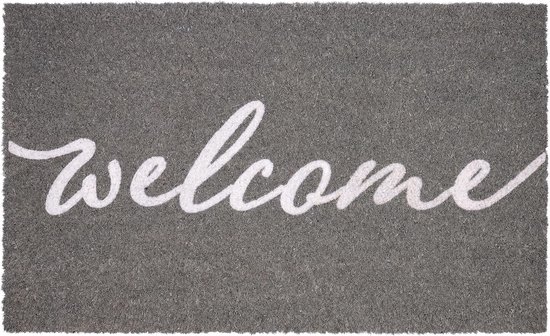 Tapis d'entrée gris avec le mot 'welcome' en lettres blanches élégantes.