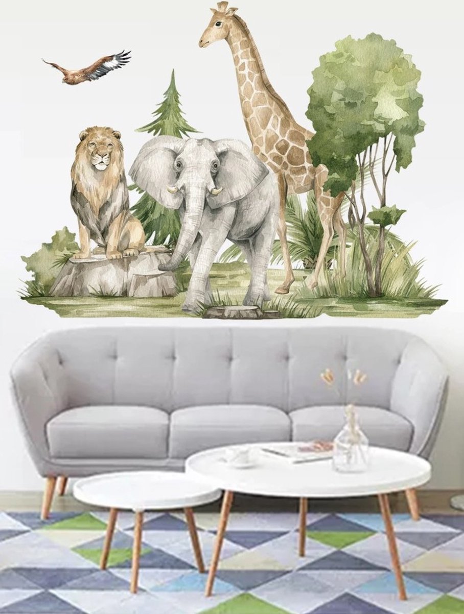 Muursticker - Raamsticker Jungle - Wilde dieren - Dierentuin - Leeuw - Olifant - Giraf - Vogel - Muur Sticker / Raam sticker Keuken – Handgeschilderd | Kinderkamer - Jongens | Decor - Poster | Verwijderbaar – Zelfklevend plakfolie | DH collection