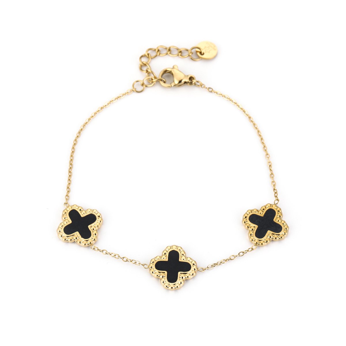 Minimalistische armband met klavers - Michelle Bijoux - Gouden armband - Dames armband - Stainless Steel - Wateproof bracelet - Klavertjes - Cadeau voor dames - Kerst - Moederdag - Valentijn - Goud/Zwart
