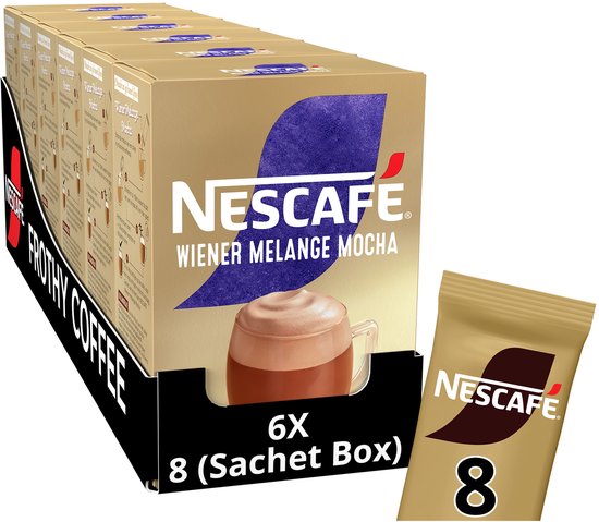 Doos Nescafé Wiener Melange Mocha met 6x 8 zakjes. Zijkant toont "FROTHY COFFEE".
