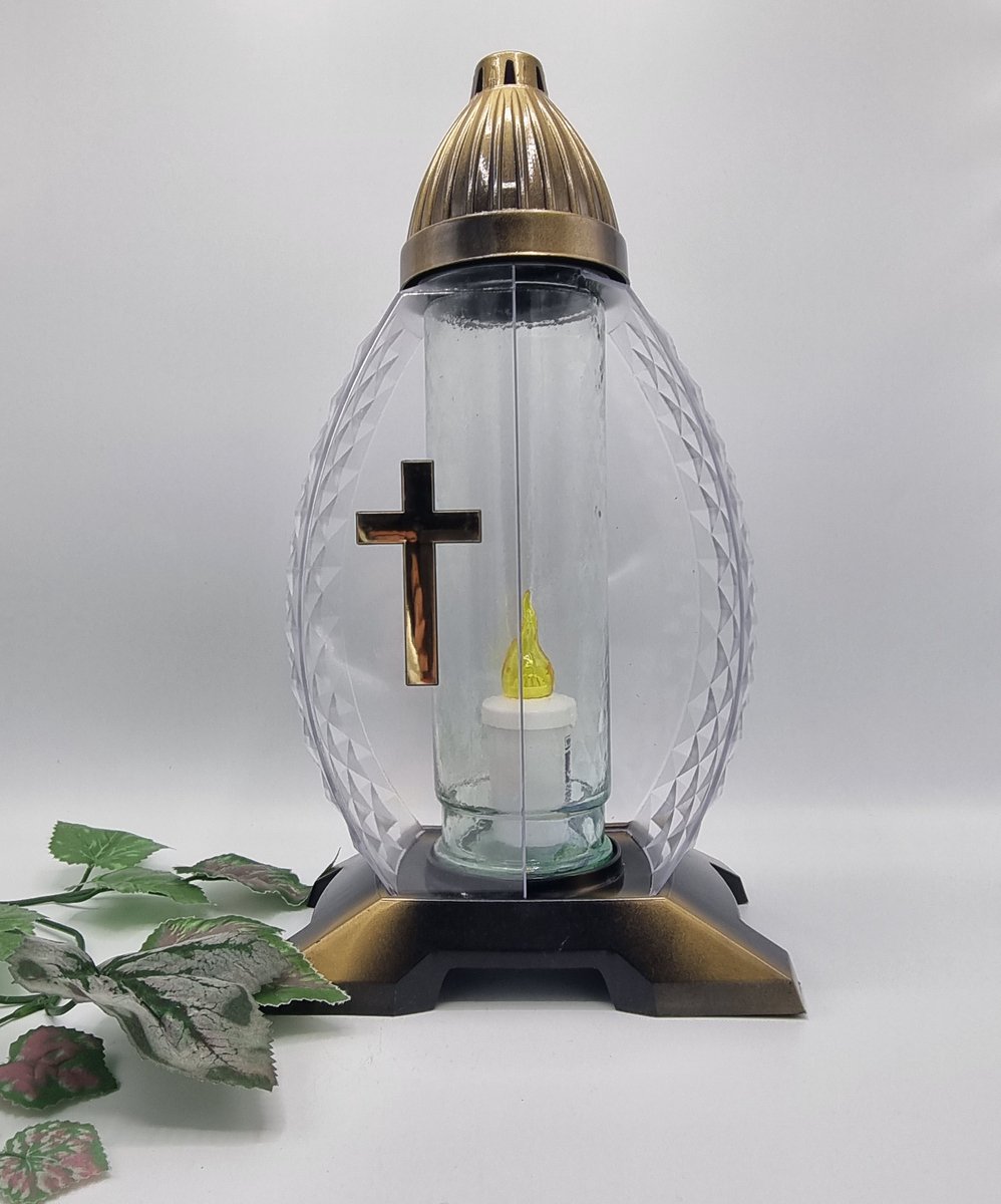 Lubema Herdenkingslicht - L29 - Goud - Kruis - Led kaars - 1200 branduren - Grafkaars – Graflicht – Graflantaarn – Grafdecoratie - Windlicht