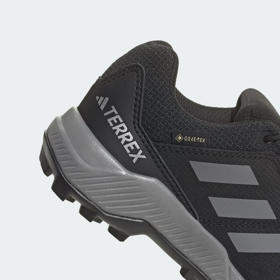 Zwarte wandelschoen met grijze zool. 'TERREX' en 'GORE-TEX' logo's zichtbaar.