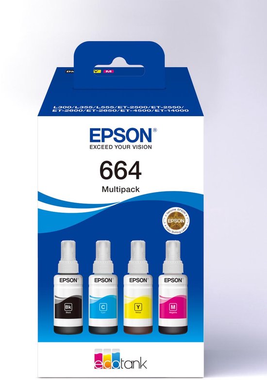 Epson 664 multipack inktflessen: zwart, cyaan, geel en magenta.
