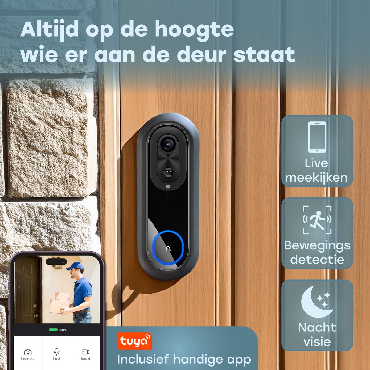 Afbeelding 2 van Audyn Video Deurbel met Camera - Draadloze - Slimme Deurbel - WiFi - 1080P - Geen Abonnement - Incl. Draadloze Gong