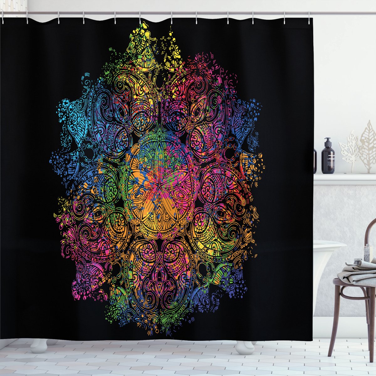 Nieuw bed, psychedelisch grafisch ontwerp, douchegordijn badkamerdecoratieset met haakjes, 175 cm B x 180 cm L