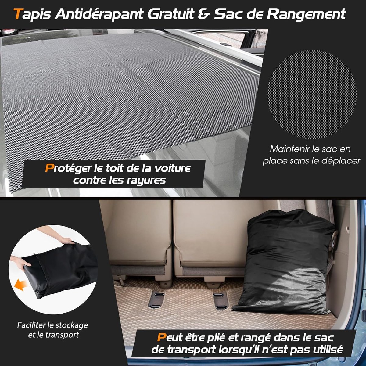 COSTWAY Dakkoffer voor de auto, waterdicht, 600 l, met 10 riemen en 6 haken, daktas met antislipmat, opbergtas voor alle voertuigen met/zonder bagagedrager, zwart + oranje – foto 7