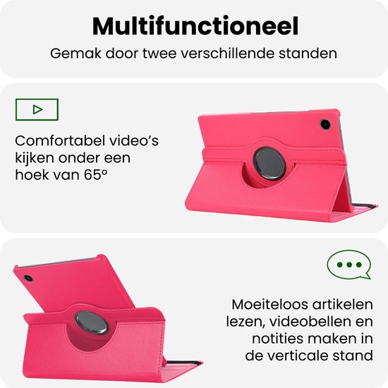 Multifunctionele donkerroze tablethoes in staande en liggende posities. Handig voor video's.