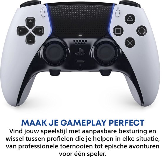 Vooraanzicht van de witte en zwarte DualSense Edge controller met blauwe accentverlichting.