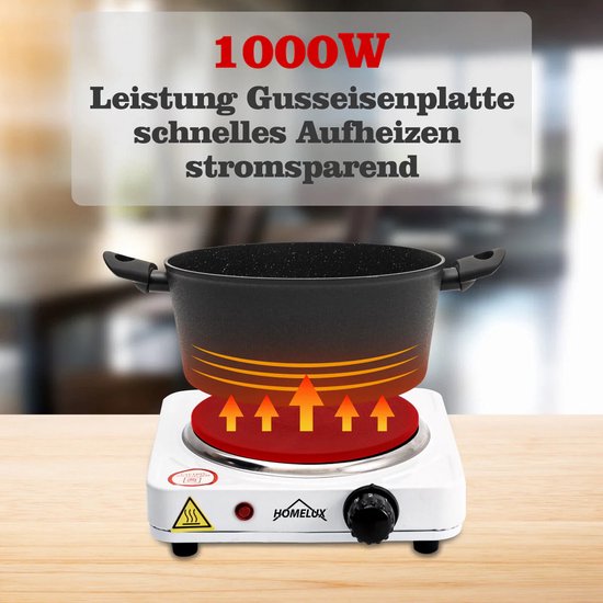 Homelux Plaque de cuisson 1000 W - Réglable individuellement - 5 niveaux de chaleur - Plaque de cuisson pour cuisine, bureau ou camping - Noir Homelux Plaque de cuisson 1000 W - Réglable individuellement - 5 niveaux de chaleur - Plaque de cuisson pour cuisine, bureau ou camping - Noir