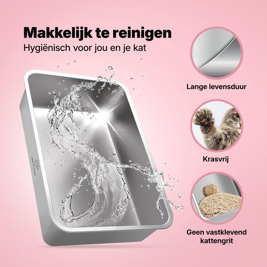 Jake and Jacky RVS Kattenbak - Kattentoilet Roestvrijstaal - Incl. Kattenbakschep met Houder en Gritopvang Opstapje - 2 in 1 Open Kattenbak met Afneembare Deksel - 60x40x38cm - Grijs