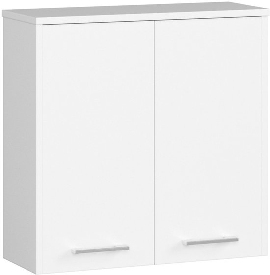 Gesloten witte badkamerkast met twee deuren en metalen grepen.