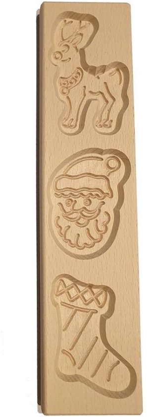 Houten bakvorm met uitsparingen voor een rendier, kerstman en kerstsok.