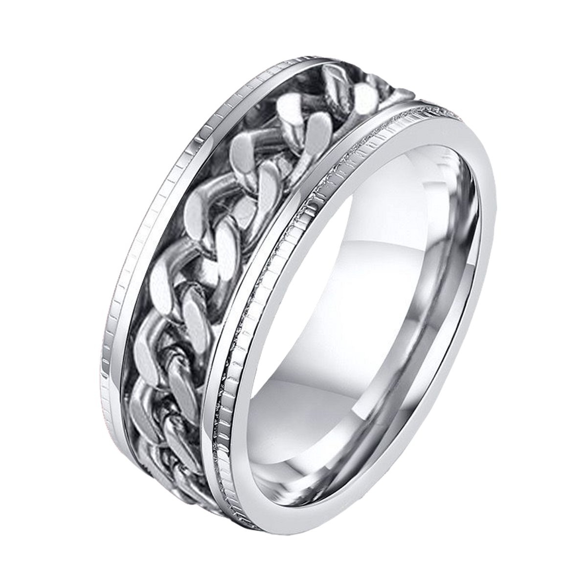 NEFET® - Anxiety Chainring - Fidget Ring - Roestvrij Staal - Maat 18 - Zilverkleurig - Schakelmotief - Heren / Dames - ideale geschenk - Cadeau voor Man - Cadeautjes Accesoires - Trendy