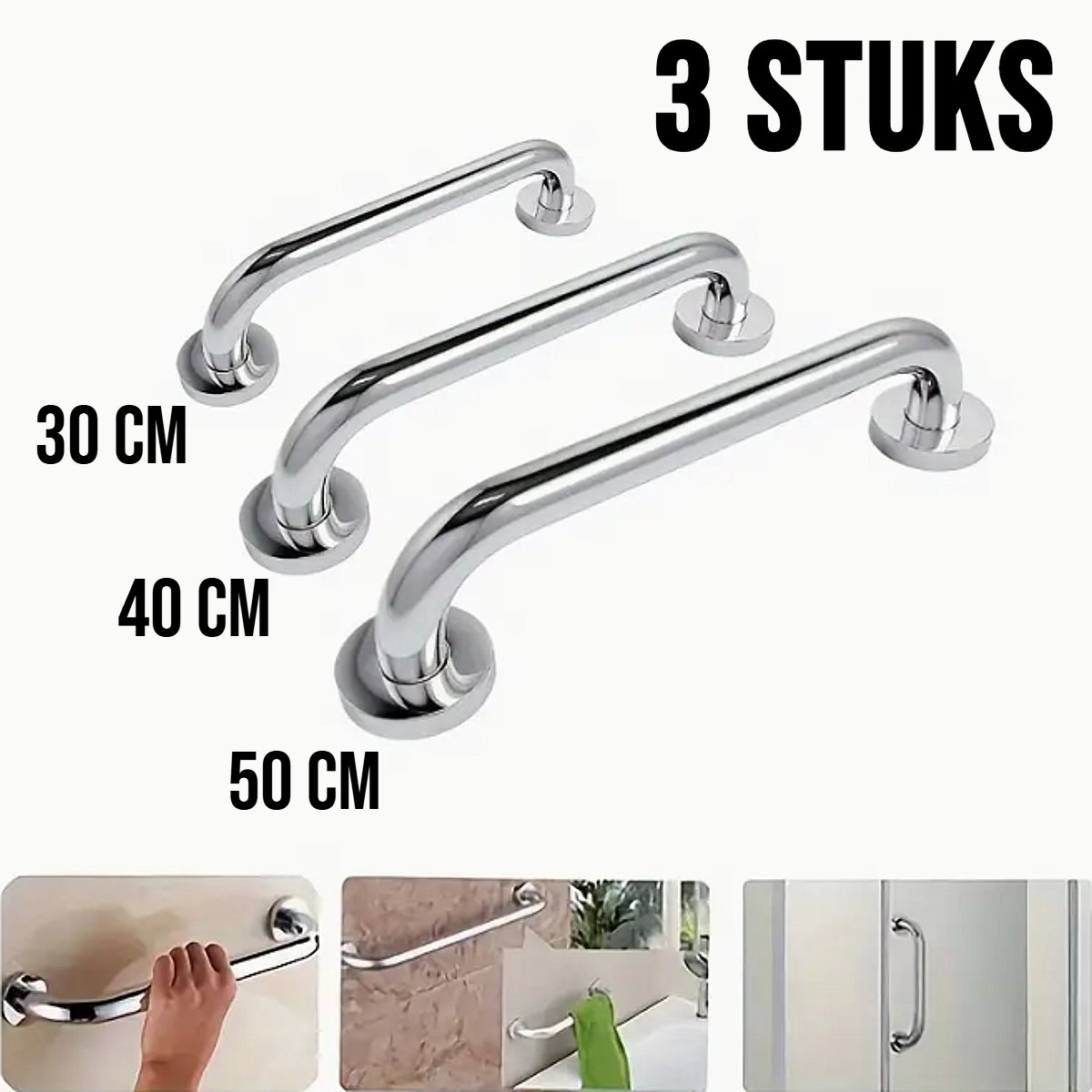 Allernieuwste.nl® 3 Stuks RVS Handgrepen – Wandbeugels voor Senioren & Ouderen (30, 40, 50 cm, Zilver) – Douche & Badkuip Greep Set