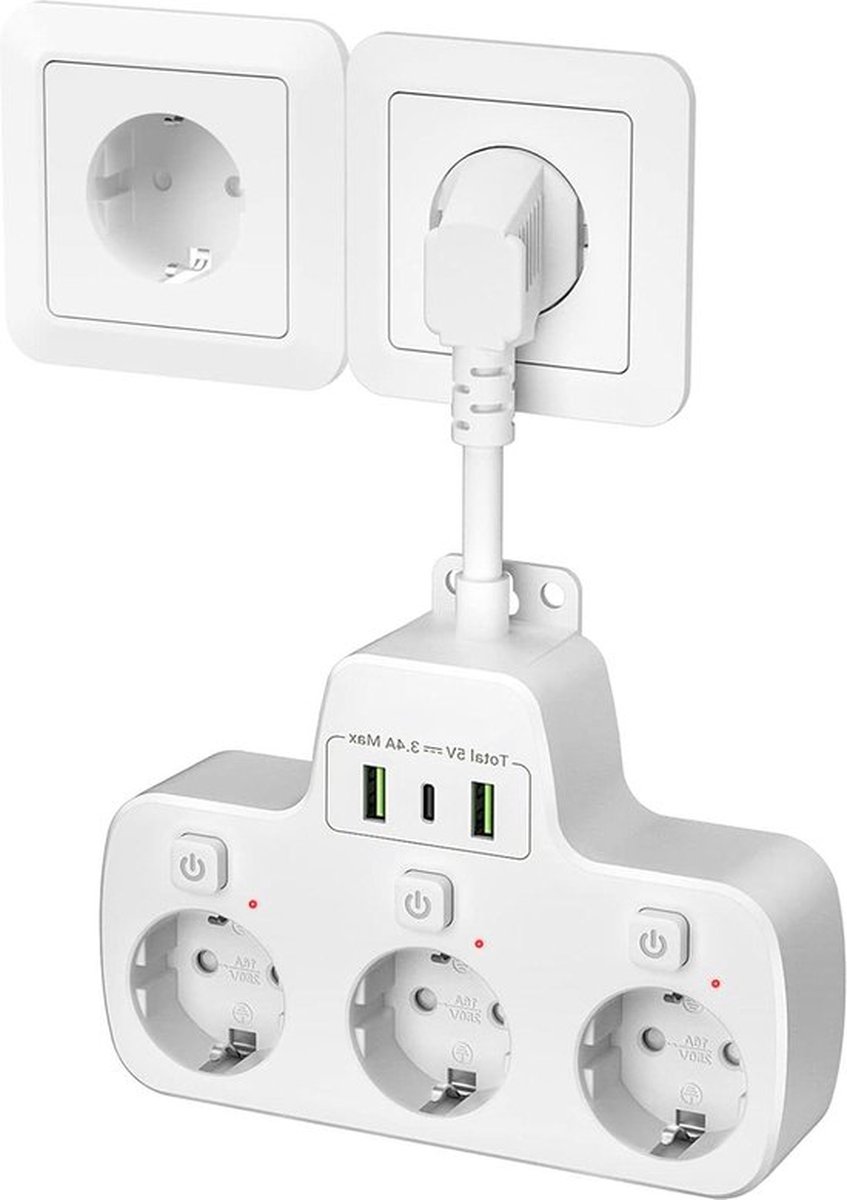 Individuele Schakelaars Stopcontact Splitter- 3-voudig Stekkerblok Wandmontage- Meerdere Stekker met USB C Adapter- Voedingsbord met 3 USB Oplader- 01m KabeWit