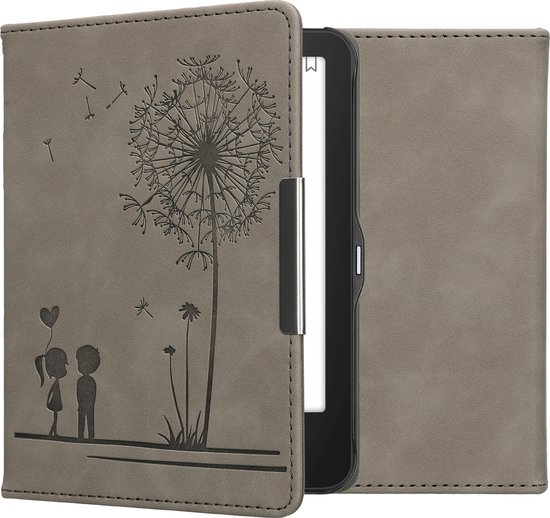 Étui pour liseuse électronique kwmobile compatible avec Tolino Vision 1 / 2 / 3 / 4 HD - Étui à rabat pour liseuse électronique avec support - Étui en similicuir pour liseuse électronique - Design Dandelions Love en gris