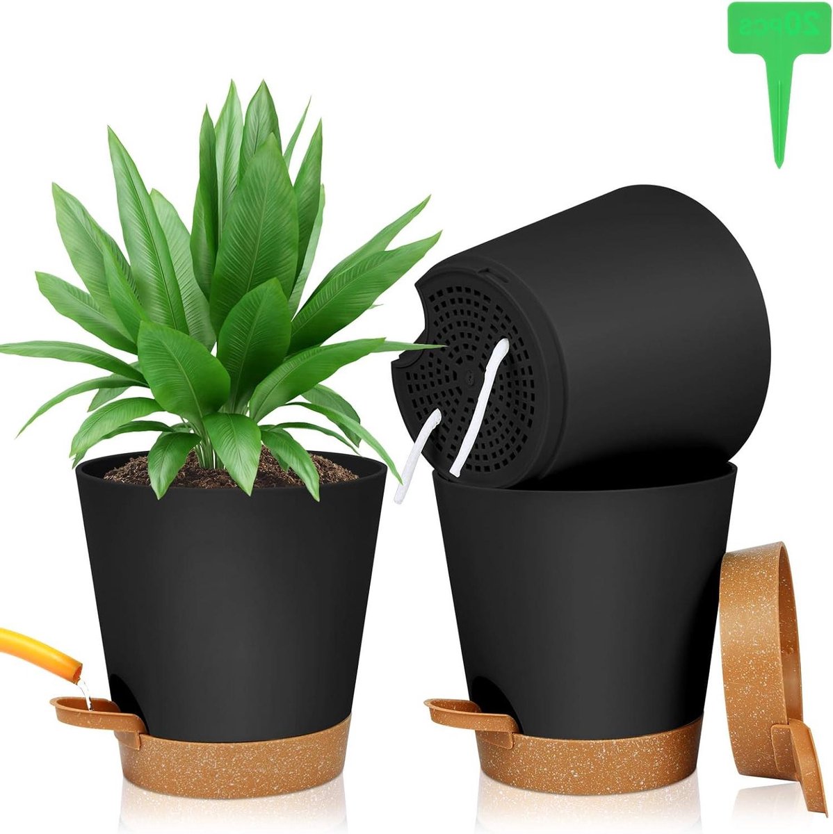 Bloempot met zelfwateringssysteem - 3 stuks, plantenpot met onderzetter en plantenetiketten - 165 x 17 cm .