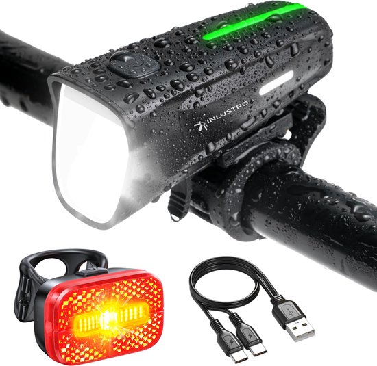 Inlustro Oplaadbaar LED Fietsverlichting Set - Met Verblindingsreductie en Remsensor - Racefiets / Wielrennen / MTB Fietslicht - Fietslamp Rood en Koplamp Wit - Voorlicht Achterlicht Fietslampjes - Waterdicht / USB-C