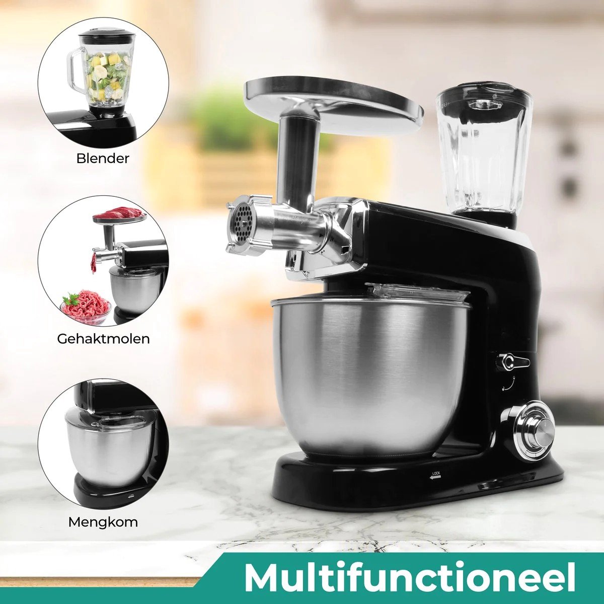 Royalty Line® PKM2100BG 3 in 1 Keukenmachine - 7.5 L Keukenrobot - Krachtig 2100W Foodprocessor - Keukenmixer Met Blender & Vleesmolen - Zwart — afbeelding 5