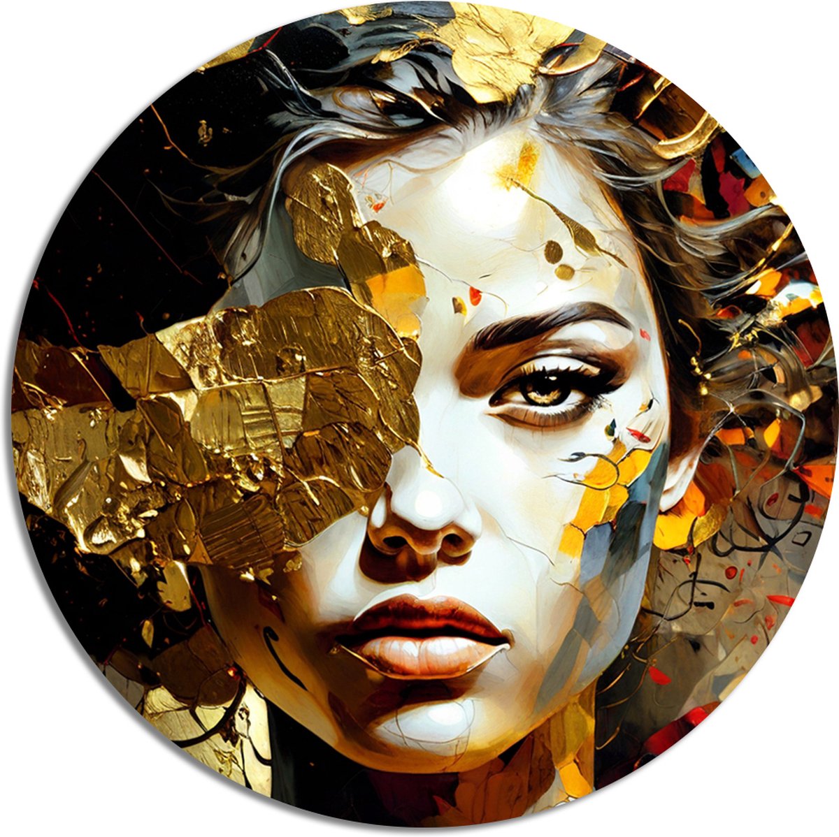 Muurcirkel Gouden Illusie Vrouw - 120 x 120 cm - Abstract - Portret - Inclusief bevestiging - Aluminium - Wandcirkel - Voor binnen en buiten - Woonkamer - Metalen wanddecoratie - Muurdecoratie - Rond schilderij
