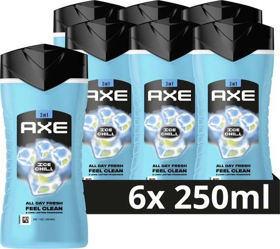 Verpakking van zes Axe Ice Chill 3-in-1 doucheflacons, elk 250 ml.