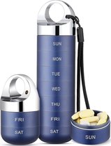 Pilulier de Voyages en métal – Pilulier hebdomadaire portable et étanche – Grand pilulier en alliage d'aluminium – Pour Vitamines, huile de poisson et compléments alimentaires – Bleu foncé