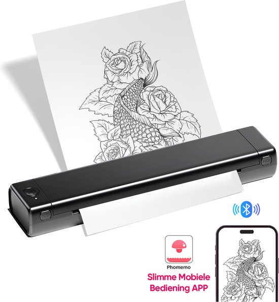 Thermische Printer A4 - Tattoo printer - Stencil Printer - Draagbare Printer - Pocket Printer – Inclusief opbergzak – Bluetooth Printer - Draadloos & Inktvrij voor Professionals - Zwart
