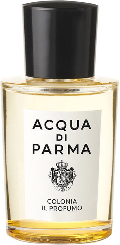 Acqua di Parma flesje met gele vloeistof en zwart dopje. Label met 'ACQUA DI PARMA' en wapenschild.
