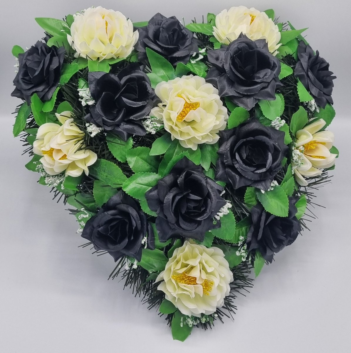 Bloemstuk - W674/61/MIX - Hart - Roos - Pioenroos - Zwart/Wit - 40cm - Verzwaard - Buigzaam - Grafdecoratie