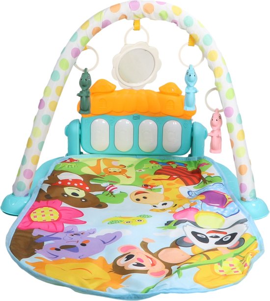 Baby speelkleed met piano, boog met dino speeltjes en dierenprint met o.a. panda, aap en zon.