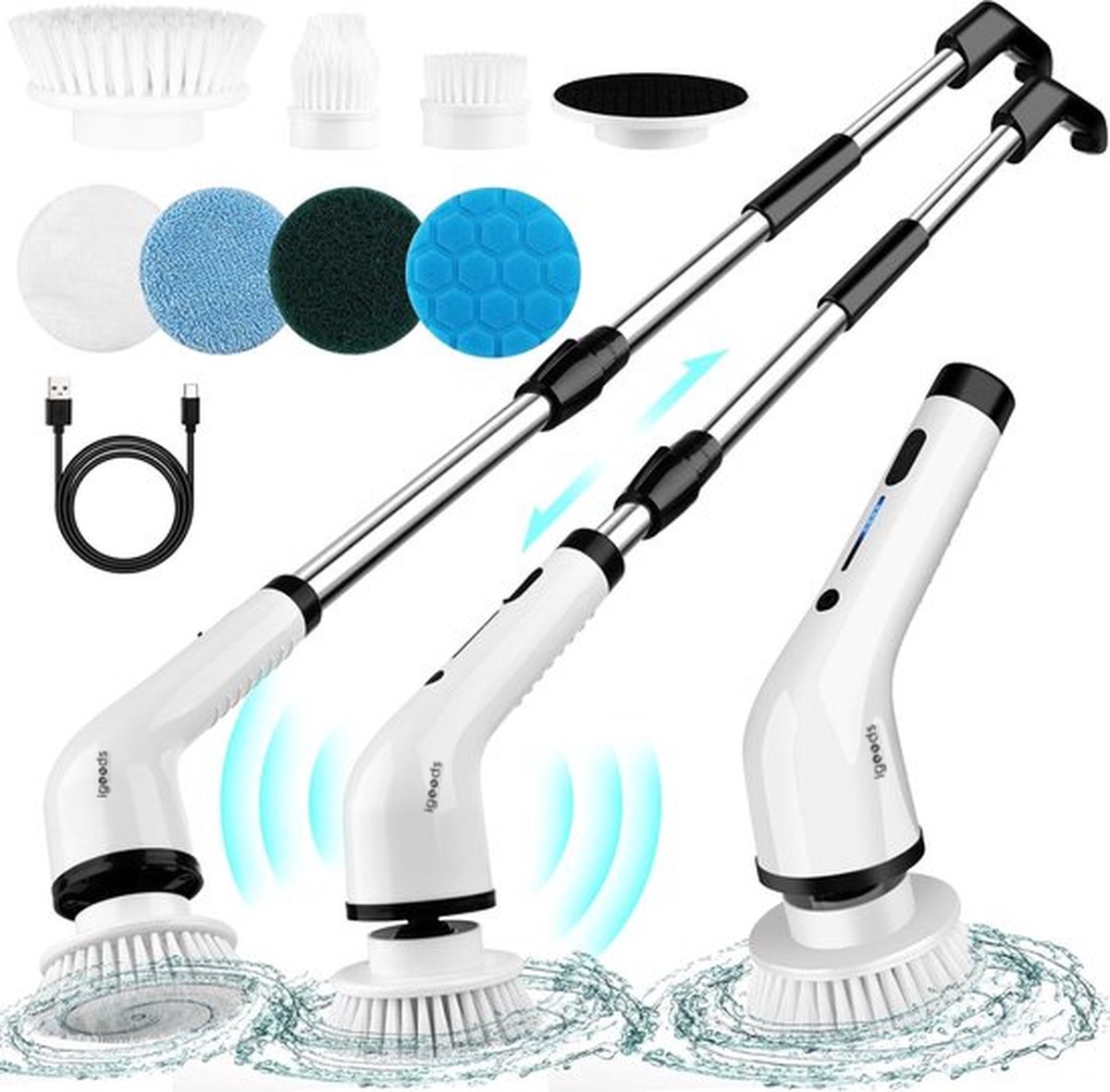 Igoods Poetsmachine - Schrobborstel - Polijstmachine - Polijstset - Schoonmaakborstel Elektrisch - Schrobber - 7 Borstels - 25W - Oplaadbaar - Wit