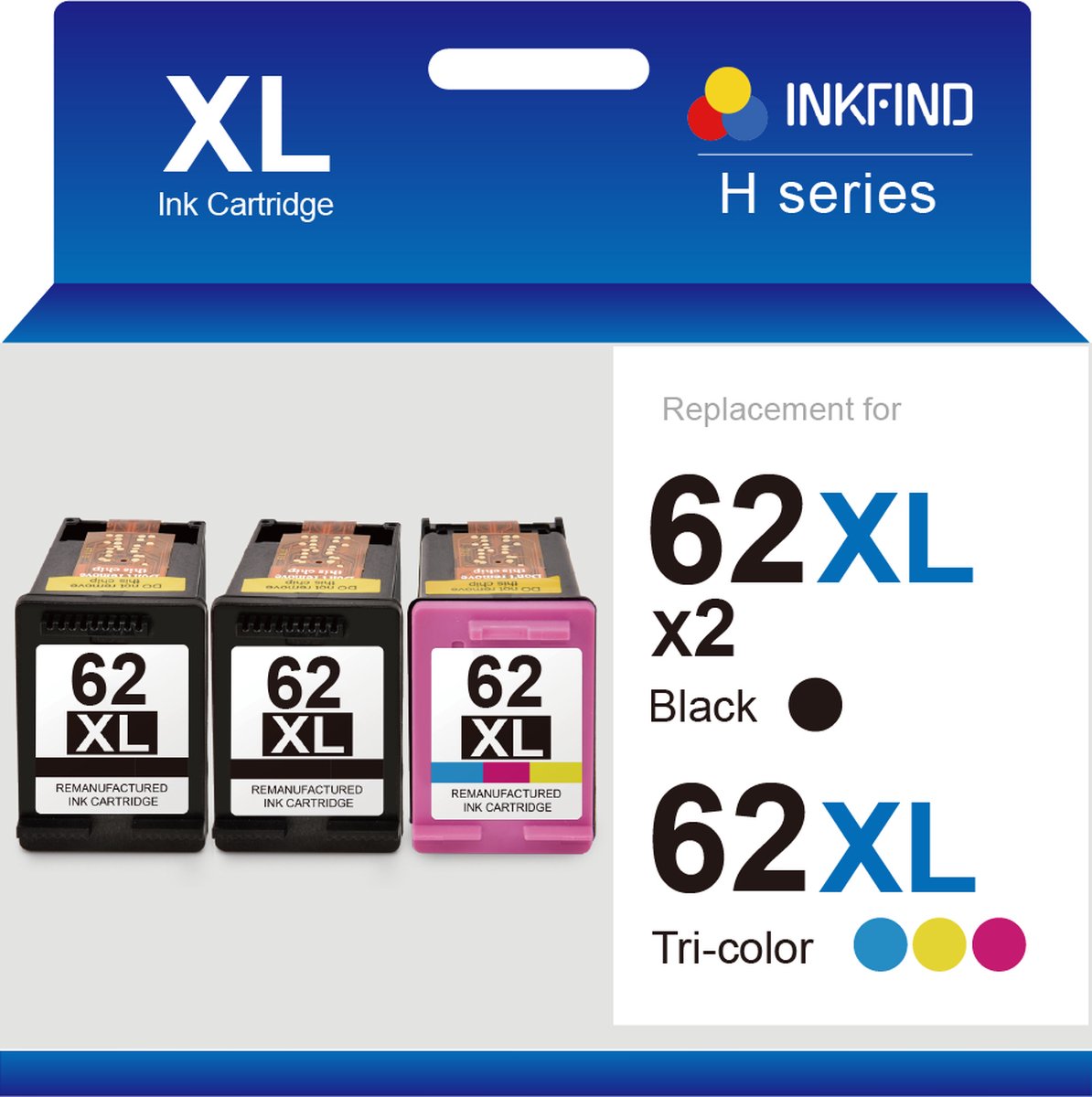 INKFIND 62XL Geschikt voor HP62 HP62XL HP 62 HP 62XL C2P05AE C2P07AE Inktcartridge - Hoge Capaciteit 3-pack (Zwart x 2 en Kleur x 1)