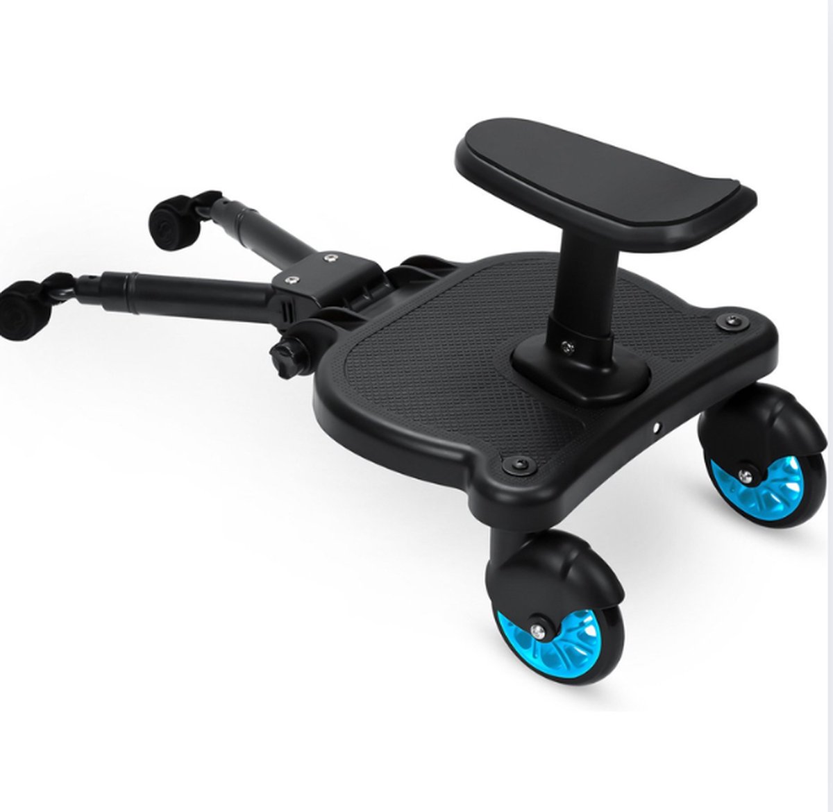 Meerijdplankje Universeel - voor Kinderwagen - Meerijdplankje met zitje voor aan de kinderwagen of buggy - Dubbele stevige wielen - Extra stabiel - Verstelbaar - Blauw