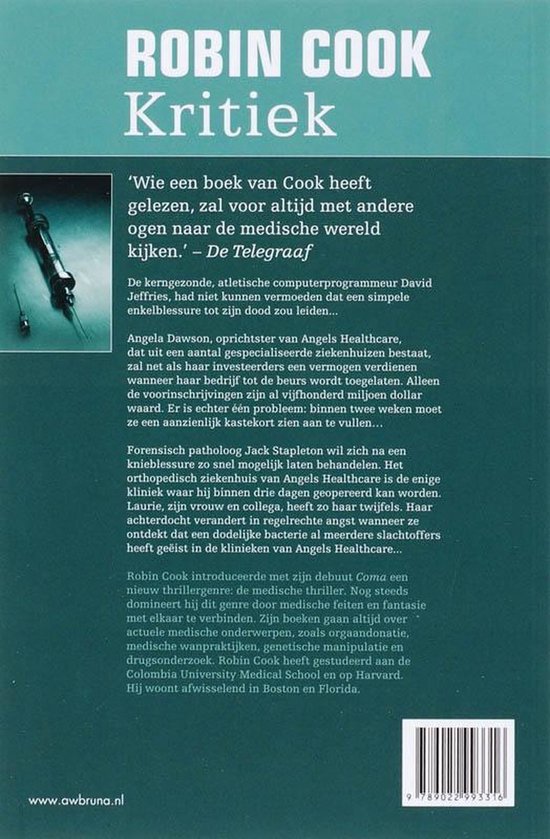 Achterkant van het boek "Kritiek" van Robin Cook met een kleine afbeelding van een injectiespuit en naald.