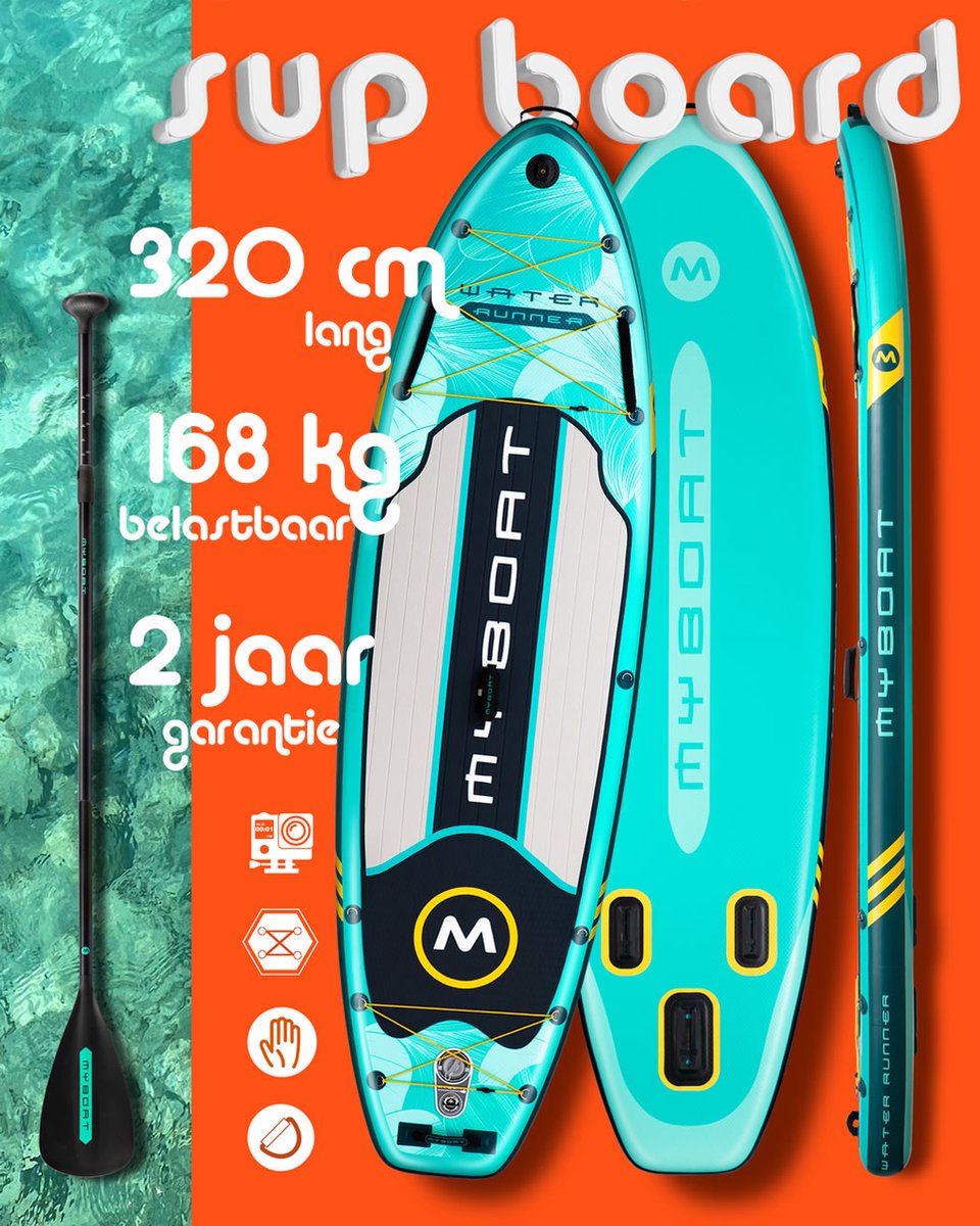 Ultra Licht & Stabiel Opblaasbaar Lake Green Wind Water Runner Peddel Boord (2/3 personen) van MyBoat | 320 cm Stand Up Sup Paddle Board voor samen Familie, Extra Breed, 3 Vinnen, Camera Mount, pomp, Sterke Verstelbare Peddel, 168 Kg STD belastbaar