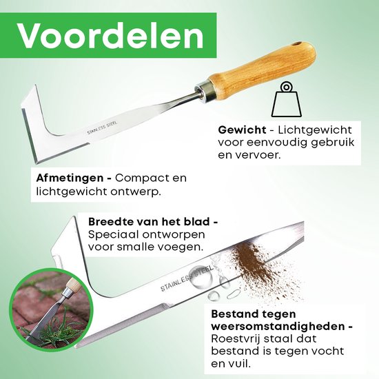 Voordelen van onkruidkrabber: lichtgewicht, compact, speciale bladbreedte voor voegen, roestvrij staal.